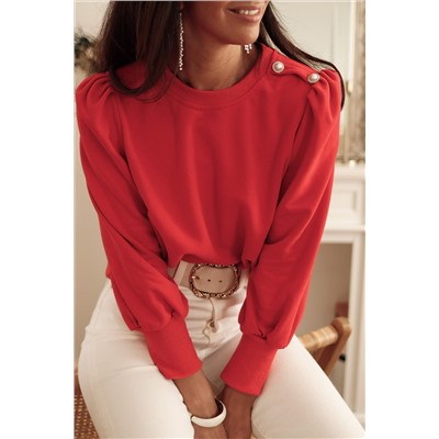 Red Button Tab Detail Long Sleeve Top