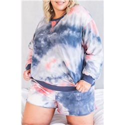 Multicolour Plus Tie Dye Ribbed Trim Top Pocketed Shorts Set