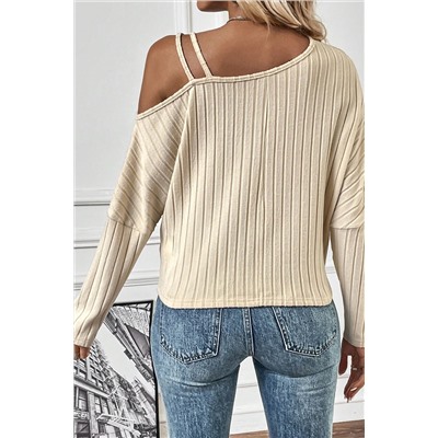 Apricot Asymmetrical Neck Cold Shoulder Twisted Knit Ribbed Top