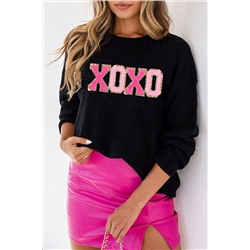 Black XOXO Glitter Print Round Neck Casual Sweater