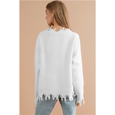 White Frayed Sequin Tiger Sweater