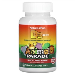 Nature's Plus, Source of Life, Animal Parade, витамин D3, без сахара, с натуральным вкусом черешни, 12,5 мкг (500 МЕ), 90 таблеток в форме животных