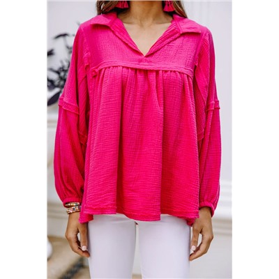 Rose Crinkle Collared V-Neck Bubble Sleeve Flowy Blouse