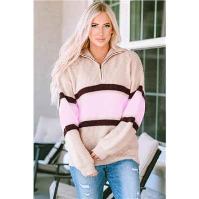 Apricot Striped Color Block Knit Zip Collared Sweater