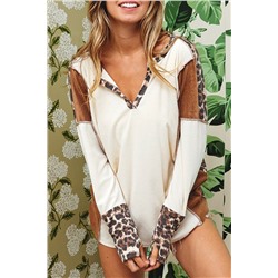 White Leopard Color Block Patchwork Split Neck Long Sleeve Top