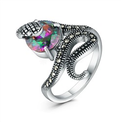 Кольцо змея из чернёного серебра с плавленым кварцем цвета мистик и марказитами GAR3130м