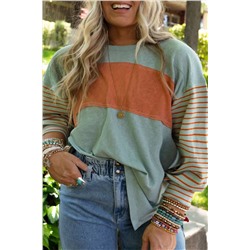 Green Plus Size Striped Long Sleeve Colorblock Tee with Slits