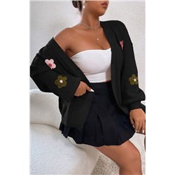 Black Floral Applique Drop Shoulder Bubble Sleeve Cardigan