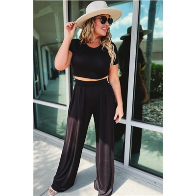 Black Plus Size Crop T-Shirt and Pleated Wide Leg Pants Set