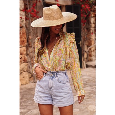 Yellow Paisley Print Ruffled Trim Boho Shirt