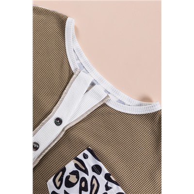 Chestnut Leopard Patchwork Chest Pocket Corded Henley Top