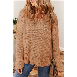 Light French Beige Hollow-out Crochet V Neck Sweater