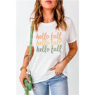 Белая футболка с разноцветной надписью: hello fall