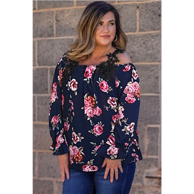 Navy Blue Plus Size Crochet Detail Cold shoulder Floral Blouse