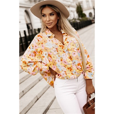 Yellow Floral Print Turn Down Collar Loose Shirt