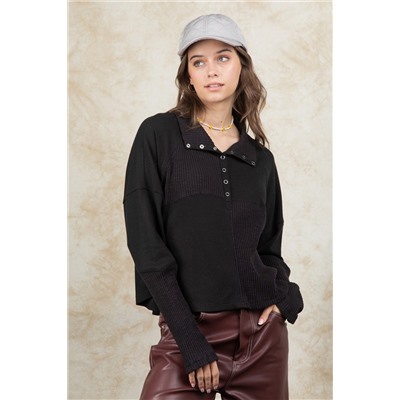 Black Ribbed Knit Snap Button Long Sleeve Top