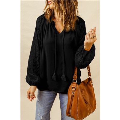 Black Leopard Mesh Bubble Sleeve Split Neck Blouse