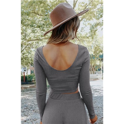 Gray Solid Color Ribbed Crop Top Long Pants Set