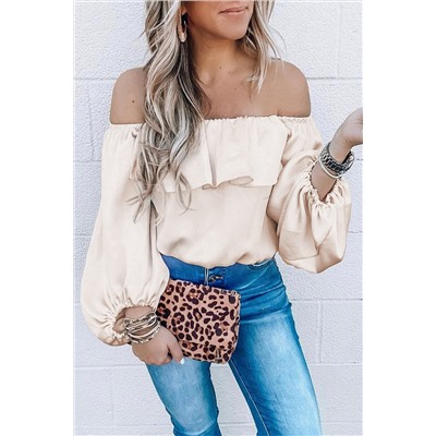 Oatmeal Ruffle Overlay Puff Sleeve Blouse