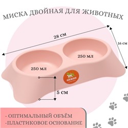 Миска пластиковая двойная 2 х 250 мл, 28 х 16 х 5 см, розовая