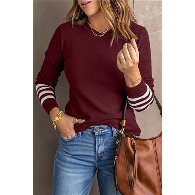 Red Striped Sleeve Plain Knit Sweater