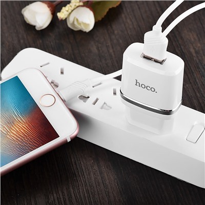 Адаптер Сетевой с кабелем Hoco C11 (повр. уп.) USB 1A/5W (USB/Lightning) (white)