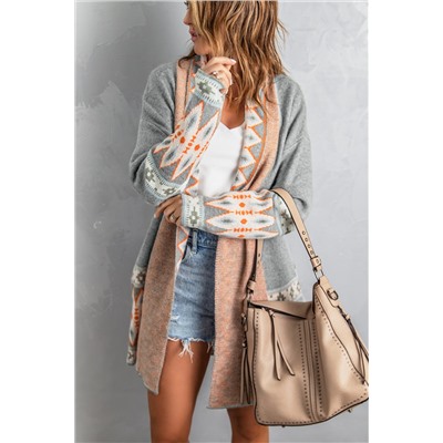Gray Aztec Print Open Front Knitted Cardigan