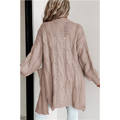 Apricot Ribbed Trim Eyelet Cable Knit Cardigan