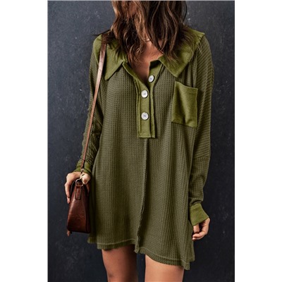 Green Waffle Knit Buttoned Long Sleeve Top