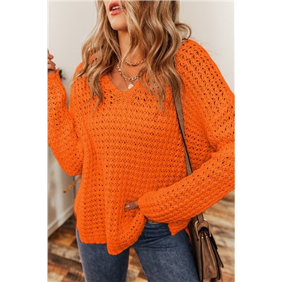 Carrot Hollow-out Crochet V Neck Sweater