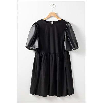 Black Plus Size Half Puff Sleeve Swing Dress