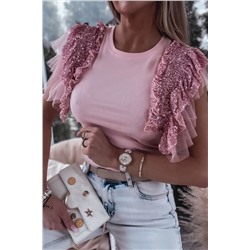 Pink Sequined Ruffle Mesh Sleeves Top