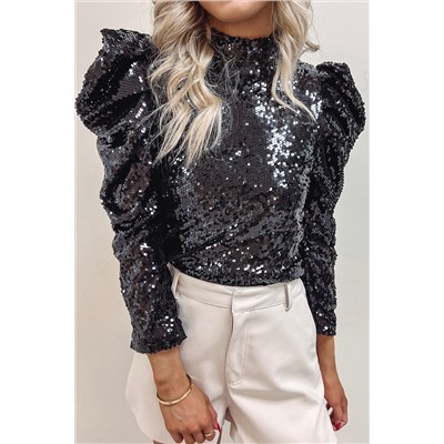 Black Sequin Mock Neck Bubble Sleeve Top