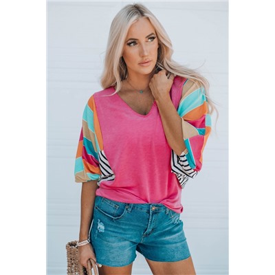 Rose Stripe Color Block Bubble Sleeve Top