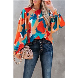 Multicolor Abstract Pattern Crewneck Ruffled Puff Sleeve Blouse