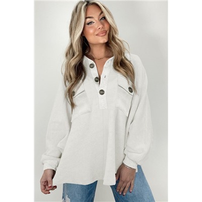 White Oversized Flap Pockets Button Collared Sweatshirt