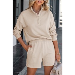 Apricot Casual High Neck Henley Top and Short Outfit