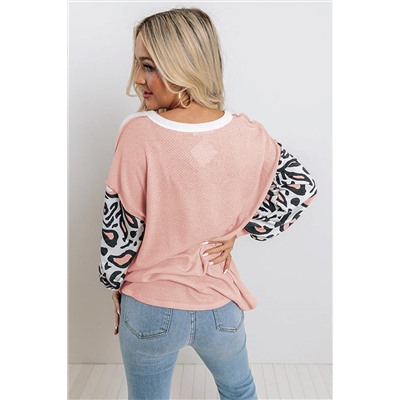 Pink Leopard Sleeve Patchwork Waffle Knit Top