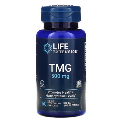 Life Extension, TMG, триметилглицин, 500 мг, 60 вегетарианских капсул с жидкостью