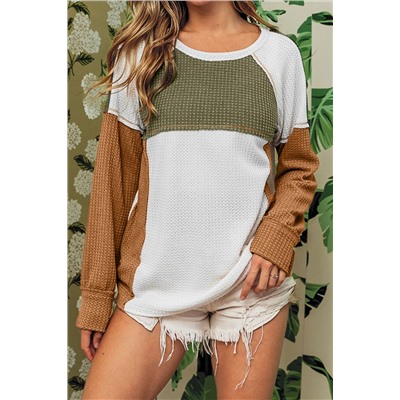 Green Color Block Exposed Seam Waffle Knit Long Sleeve Top