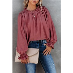 Бордовая блузка с рюшами и сборками с застежкой сзади