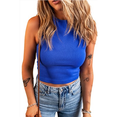 Dark Blue Ribbed Knit Racerback Crop Top