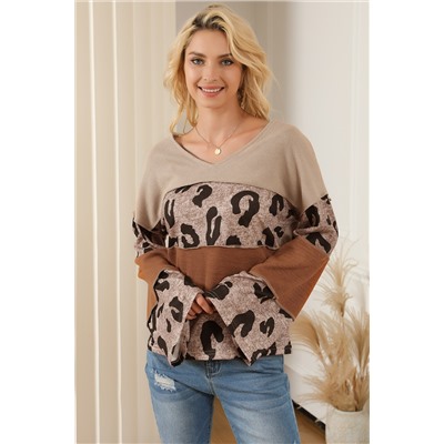 Leopard Colorblock Patchwork V-Neck Loose Sleeve Knit Top