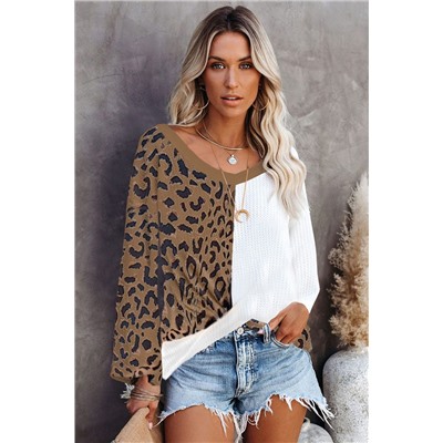 Brown Leopard Contrast Waffle Knit Twist Hem V Neck Top