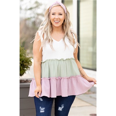 White Plus Size Color Block Ruffle Tiered Babydoll Tank Top