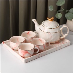 Набор керамический чайный «Мрамор», 6 предметов: чайник 800 мл, 4 кружки 170 мл, поднос 31×21×2,5 см, цвет розовый