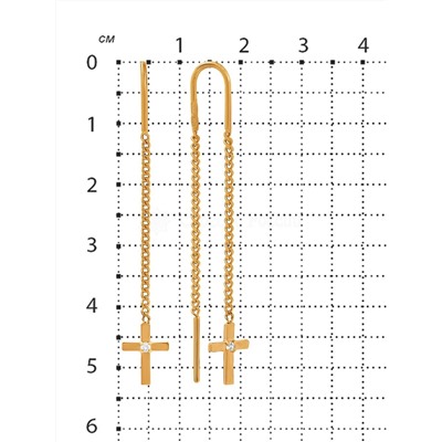 Серьги-продёвки длинные кресты из золочёного серебра с фианитами