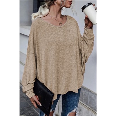 Khaki Tie Plunging Back Dolman Sleeve Oversize Top