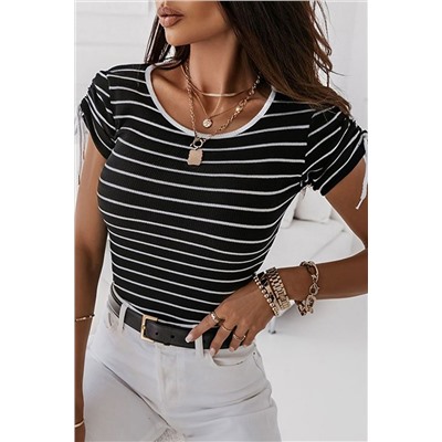 Black Striped Drawstring Sleeve Contrast Neckline T Shirt