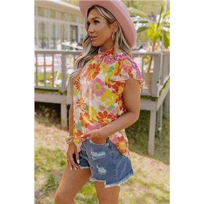 Multicolor Stand Collar Flutter Sleeves Floral Top